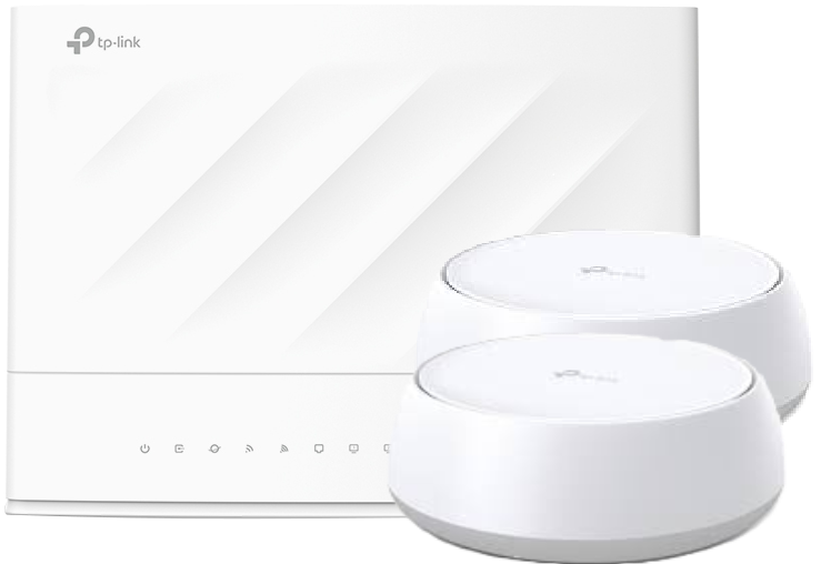 A TP-Link VX230v Dual-Band Wi-Fi 6 Modem Router and HB210 Pro WiFi 7 Mesh Unit.